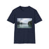 Charcoal cotton crew neck T-shirt featuring serene sea-inspired graphic design