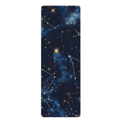 Rubber yoga mat with constellation stars seamless pattern. 26" x 70" size.