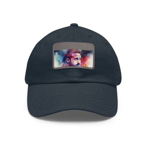 White rectangle baseball cap with watercolor Ryan Gosling design.