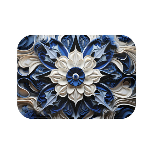 Blue porcelain tile bath mat for elegant bathroom tranquility.