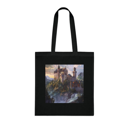 Enchanted Castle Black Cotton Tote Bag - Whimsical Fantasy Design.
