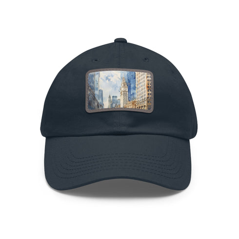 Chicago skyline splatter cap in white with light brown rectangle patch.