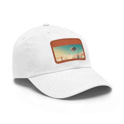 Urban skyline white hat with flying city design, unisex urban style.