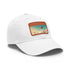 White hat with flying city skyline design, unisex vegan cotton cap.