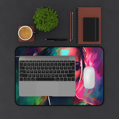 Neon watercolor desk mat with Charlize Theron design, 12" x 18"