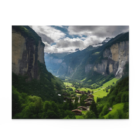 Lauterbrunnen Valley Cliff Jigsaw Puzzle with Swiss landscape and steep cliffs.