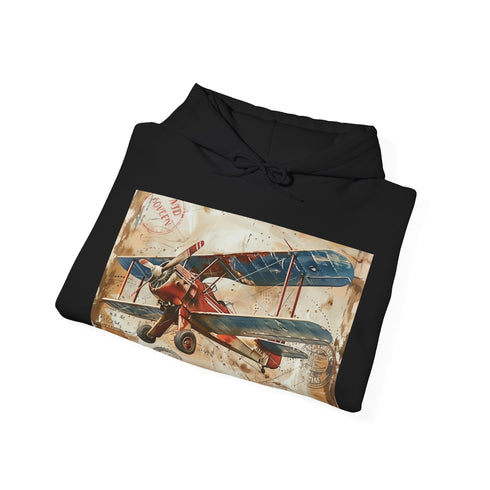 Vintage navy airplane print unisex hoodie with travel stamps and adventure theme.