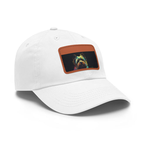 Adorable Yorkshire Terrier embroidered baseball cap in white with light brown patch.