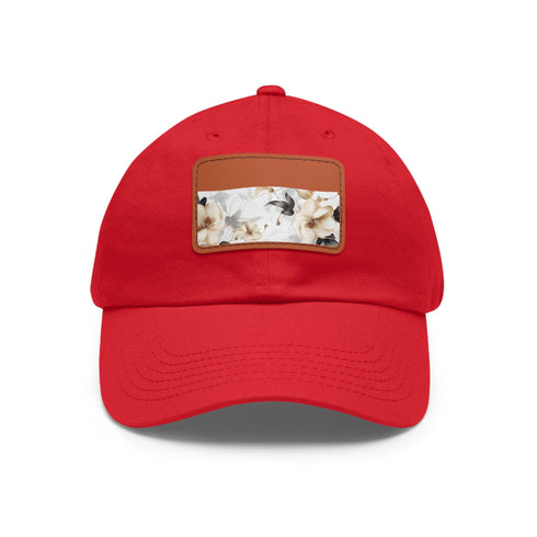 Stylish white cotton hat with botanical x-ray print and light brown patch.
