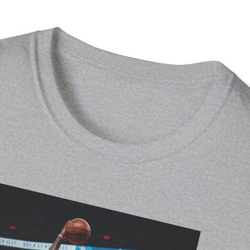 Charcoal crew neck t-shirt with LeBron Lakers graphic in purple and gold