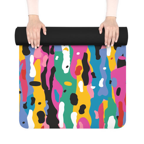 Vibrant abstract pattern rubber yoga mat, non-slip for all workouts.