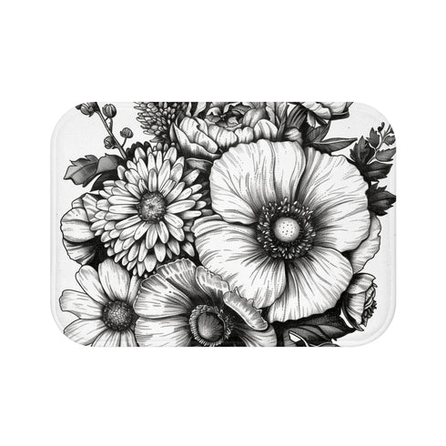 Floral Sketch Bath Mat with Hand-Drawn Flowers, Natural Elegance