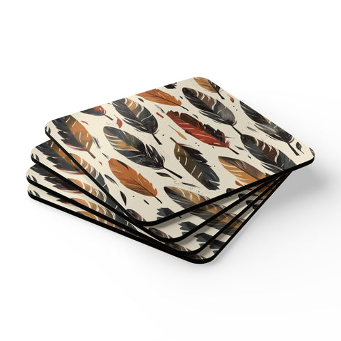 Boho Feathers Corkwood Coasters in Square One Size Summer Picks