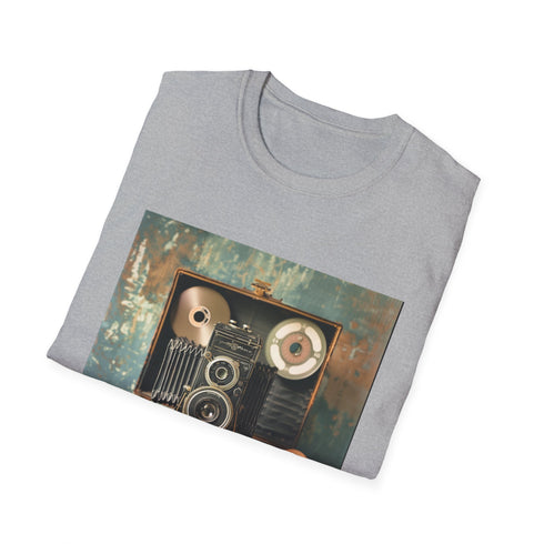 Vintage camera charcoal t-shirt with scattered film reels design