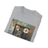 Vintage camera charcoal t-shirt with scattered film reels design