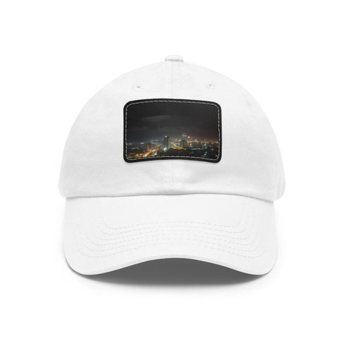 White cotton baseball cap with Lagos cityscape under starlit sky.