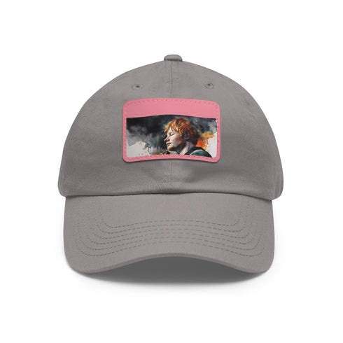 White vegan cotton baseball cap with Ed Sheeran watercolor splatter design.