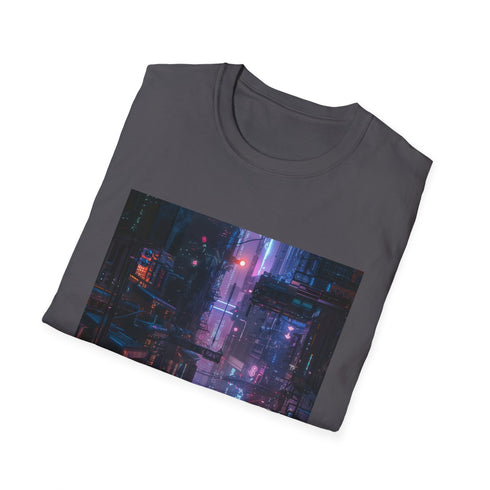 Cyberpunk charcoal t-shirt with vibrant neon cityscape design