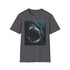 Charcoal cotton t-shirt with striking Jaws painting showing bold brushstrokes