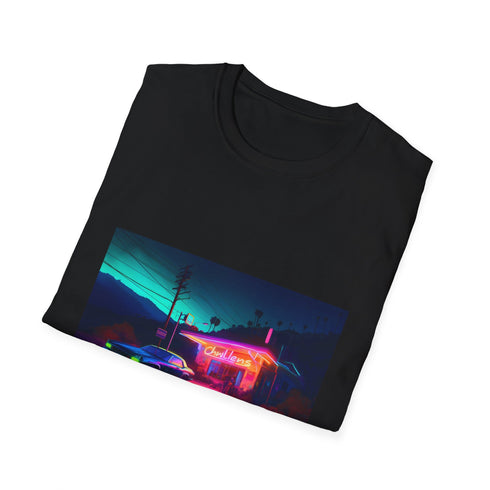 Charcoal crew neck cotton T-shirt with vibrant watercolor neon hues