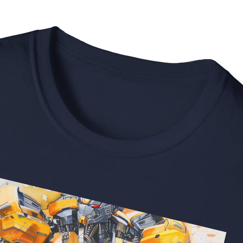 Charcoal crew neck T-shirt with vibrant heroic Bumblebee graphic