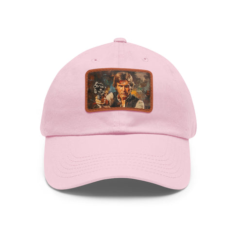 White cotton baseball cap with light brown patch inspired by Han Solo.
