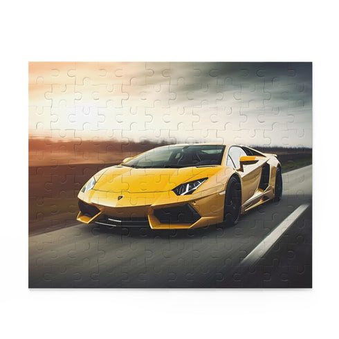 Lamborghini race car speeding through city jigsaw puzzle art piece.