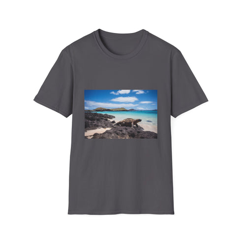 Charcoal cotton T-shirt with vibrant Galapagos Islands graphic crew neck design