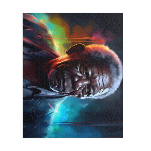 Neon Morgan Freeman watercolor jigsaw puzzle for art and movie fans.