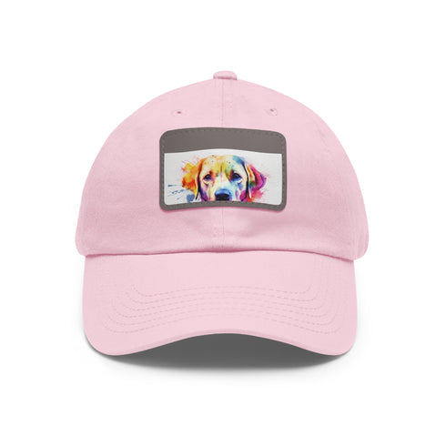 Adorable Labrador baseball cap in white with light brown patch.