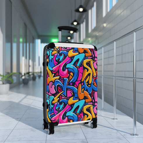Bright neon urban graffiti suitcase set, small size in black. #travelinstyle