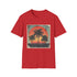 Retro sunset escape palm tree t-shirt in charcoal for men.