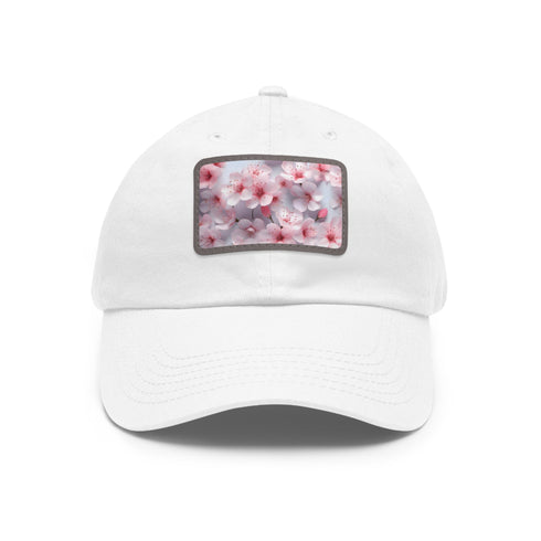 White baseball cap with cherry blossom pattern, rectangular vegan patch.