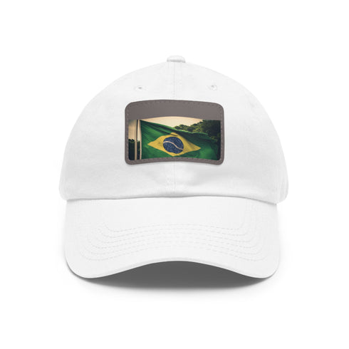 White Brazilian pride flag baseball cap with rectangle light brown patch.