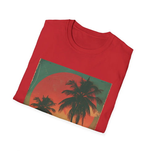 Retro palm tree sunset graphic T-shirt, charcoal.