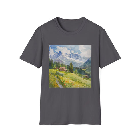 Charcoal cotton crew neck T-shirt with watercolor Swiss Alps design