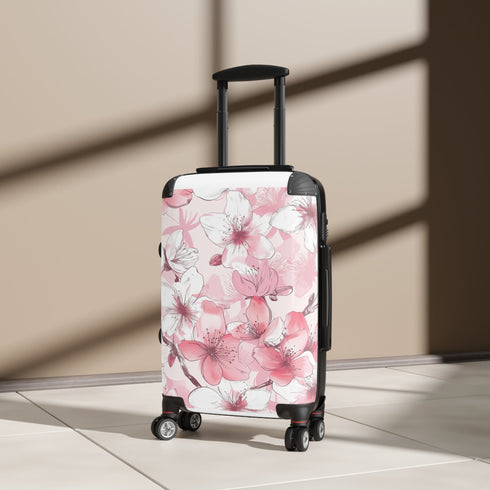 Small black Cherry Blossom Dream Suitcase with elegant pink and white pattern.