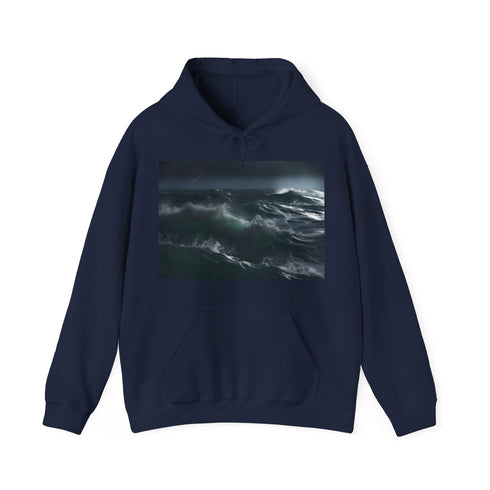 Navy Stormy Seas Fury Hoodie with ocean storm design.