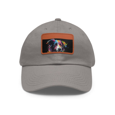 White cotton baseball cap with collie charm patch.