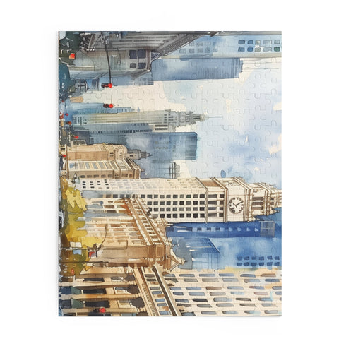 Chicago city watercolor jigsaw puzzle, 10" x 8", 120 pieces.