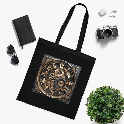 Steampunk clockwork tote bag in black cotton with exposed gears.