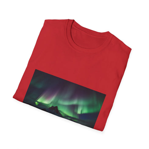 Charcoal cotton T-shirt with aurora borealis print showcasing a celestial scene