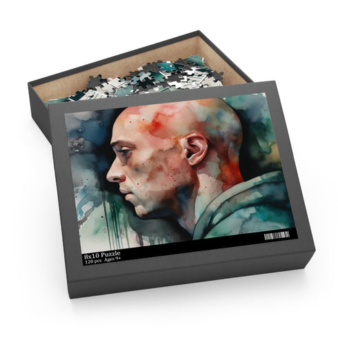 Eminem watercolor jigsaw puzzle featuring iconic rapper in vibrant colors.