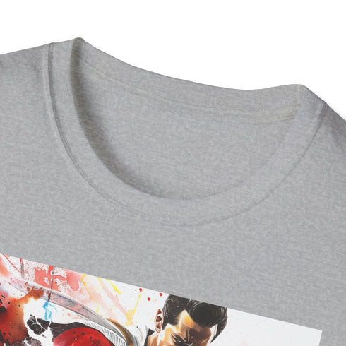 Lightning-charged Shazam superhero graphic tee in charcoal, men's size small.