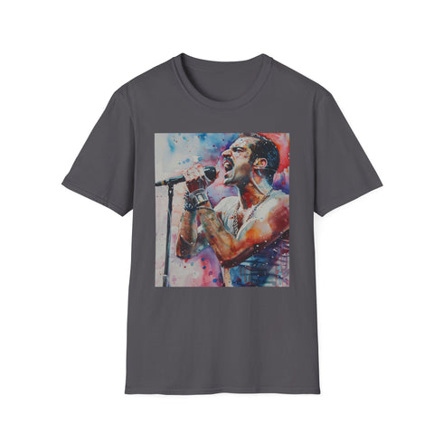 Watercolor Queen and Aid Freddie Mercury tribute t-shirt in charcoal.