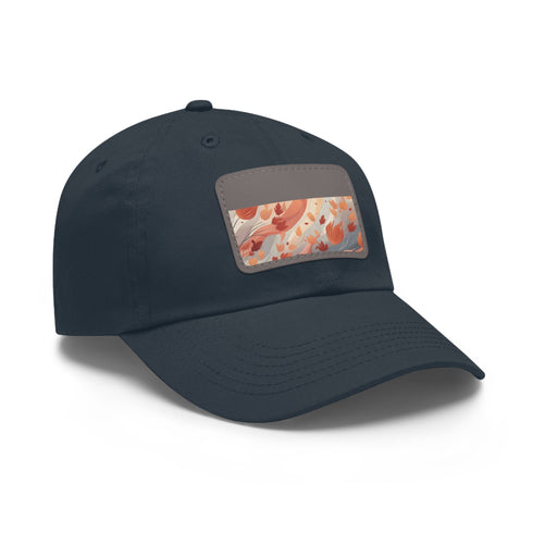 Autumn-themed white baseball hat with leaf pattern and rectangle patch.
