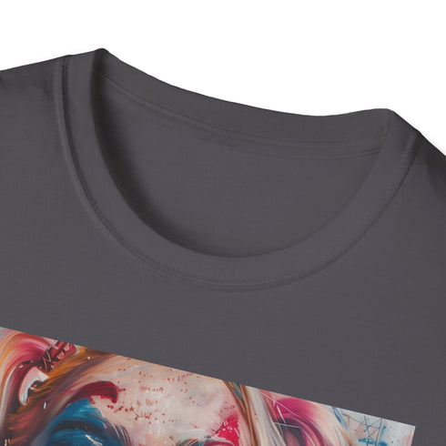 Rebellious spirit charcoal Harley Quinn t-shirt with vibrant colors and brushstrokes.