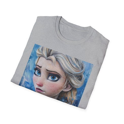 Icy charcoal T-shirt with vibrant Elsa Frozen portrait in soft cotton