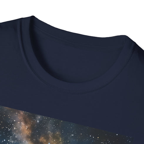 Celestial charcoal t-shirt with vibrant Milky Way painting crew neck style
