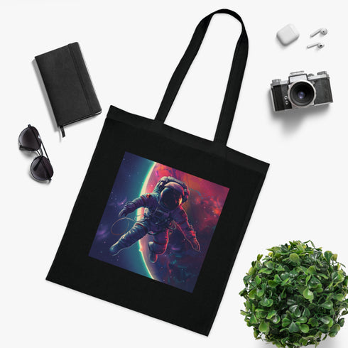 Interstellar Voyager Black Cotton Tote Bag with Astronaut Design